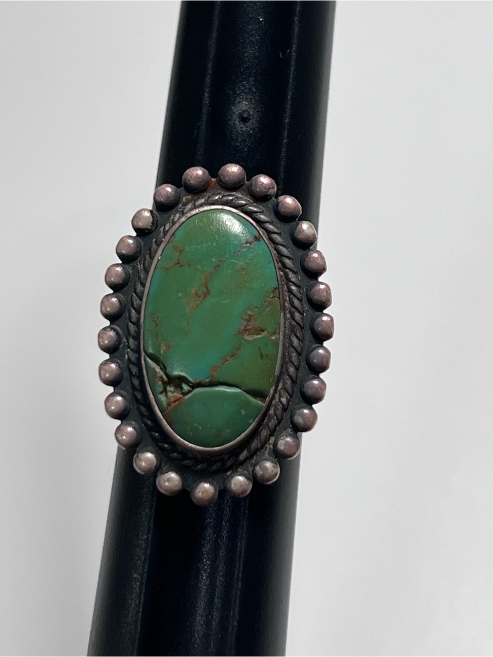 925 Sterling Silver Oval Green Turquoise Bezel Set Southwestern Ring Size 6.5